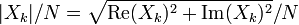 |X_k|/N = \sqrt{\operatorname{Re}(X_k)^2 + \operatorname{Im}(X_k)^2}/N