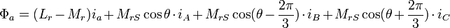 \Phi_a = (L_r - M_r) i_a + M_{rS} \cos \theta \cdot i_A + M_{rS} \cos  (\theta - \frac{2 \pi}{3}) \cdot i_B + M_{rS} \cos  (\theta + \frac{2 \pi}{3}) \cdot i_C \,