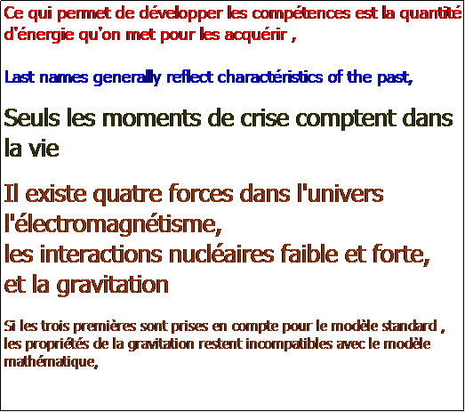 Caixa de texto: Ce qui permet de dvelopper les comptences est la quantit d'nergie qu'on met pour les acqurir ,

Last names generally reflect charactristics of the past,

Seuls les moments de crise comptent dans la vie

Il existe quatre forces dans l'univers
l'lectromagntisme, 
les interactions nuclaires faible et forte,
et la gravitation

Si les trois premires sont prises en compte pour le modle standard , les proprits de la gravitation restent incompatibles avec le modle mathmatique,


